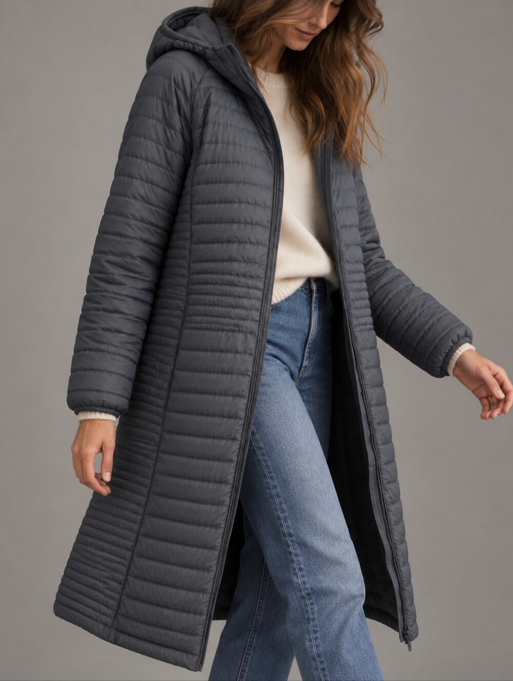 L.L. Bean Gray Ultralight 850 Down Sweater Coat Hooded Womens Size Large Regular